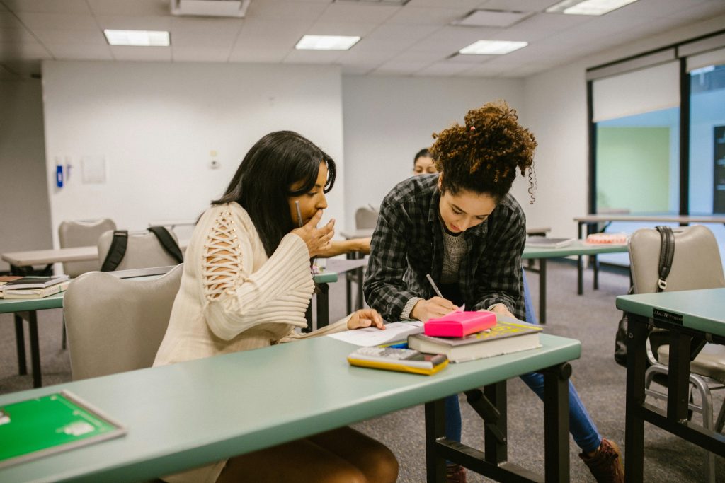 Two female students collaborate in a classroom setting, focusing on their studies. Deux étudiantes collaborent dans une salle de classe, concentrées sur leurs études.